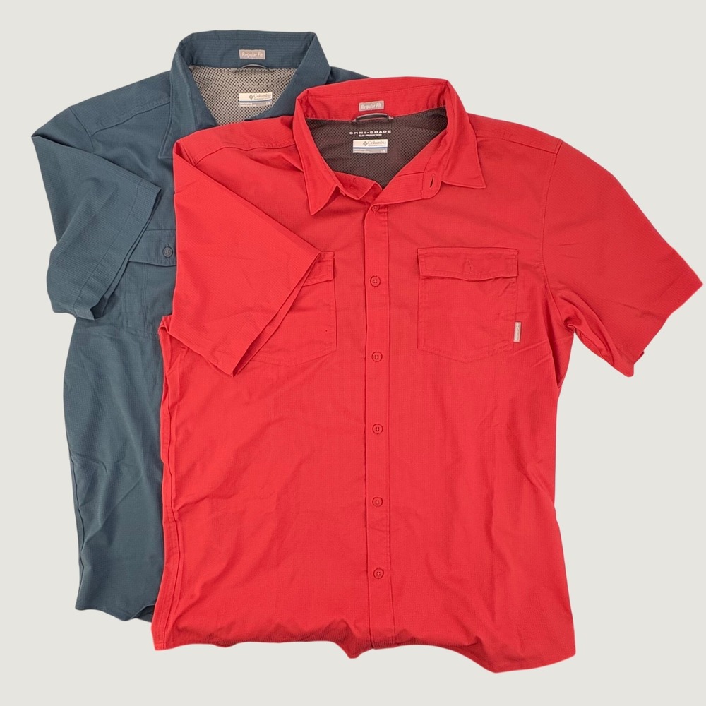 Columbia Button Up Shirt Mens Large Red Blue Omni-Shade Short Sleeve 2 Pack